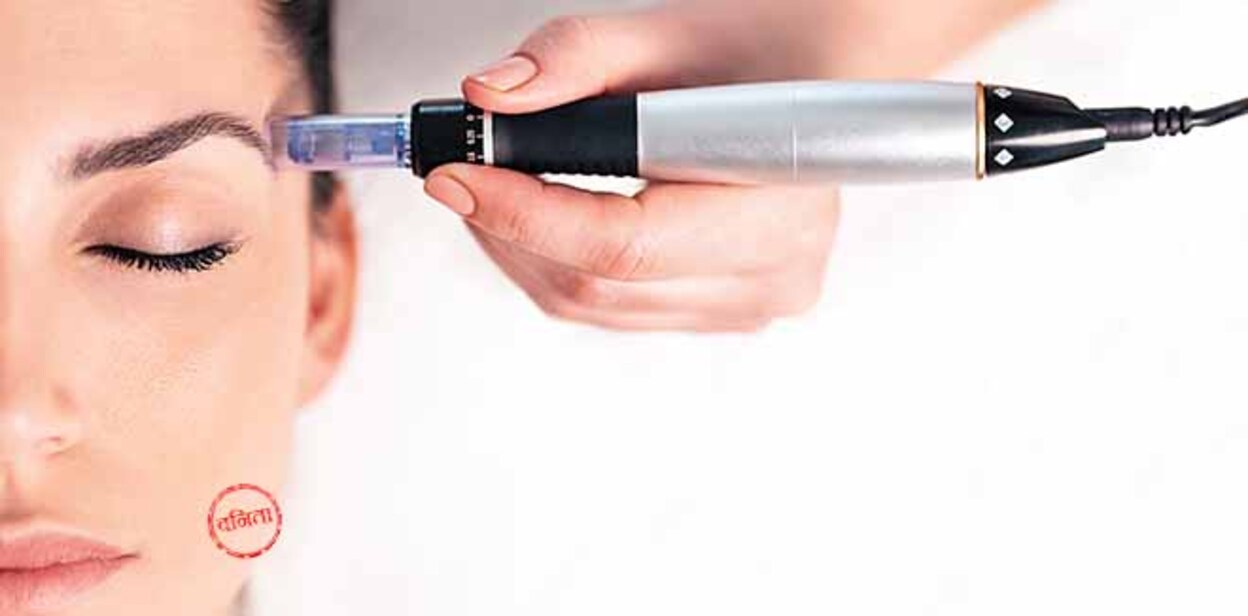 Shot of cosmetologist making mesotherapy injection with dermapen on face for rejuvenation on the spa center.