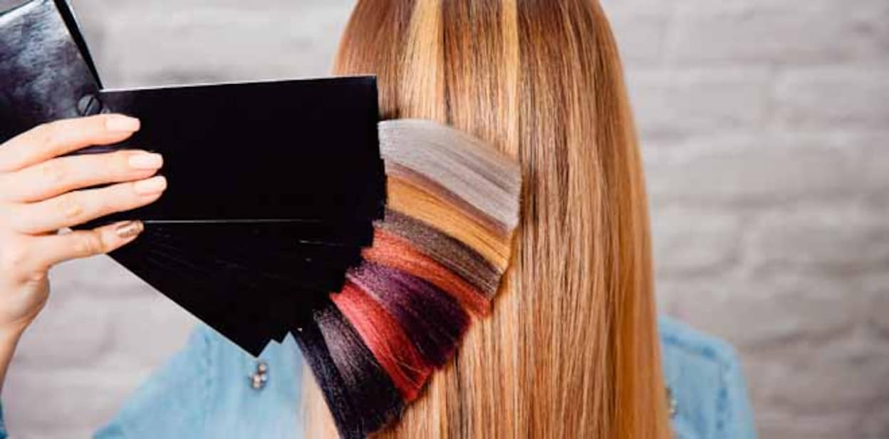 Master shows palette of hair colors on background of client.