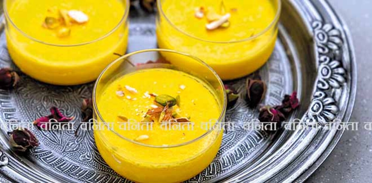 mango-flavored Phirni served in  glass bowls