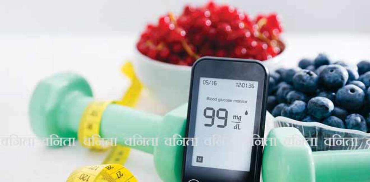 2463623265 Digital glucometer, lancet pen and vegetables on table. Diabetes diet