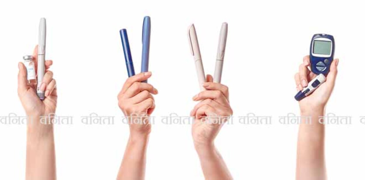Female hands with syringes for insulin injection, glucometer and lancet pen on white background. Diabetes concept