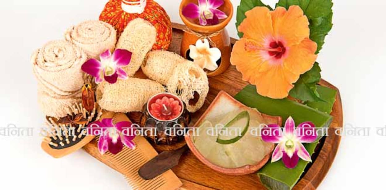Soak hair with aloe vera  and hibiscus flower and green leaves ,spa hair care treatment.