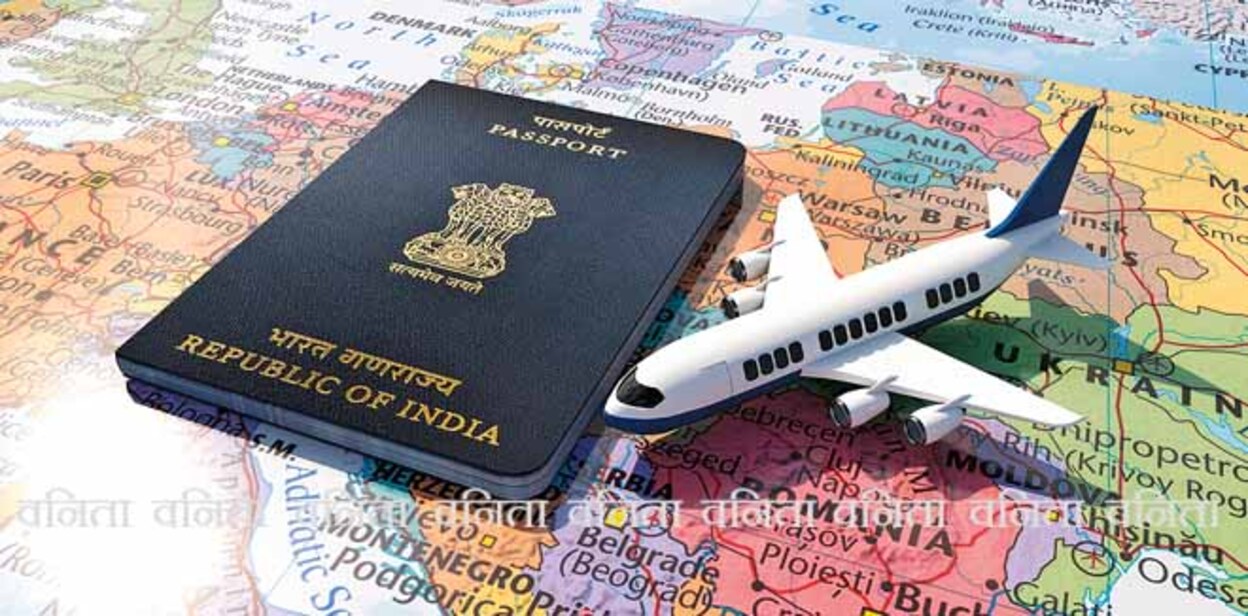India Passport and an airplane on world map 3D Illustration
