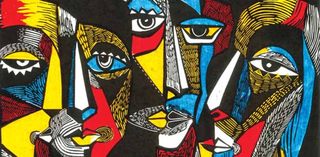 Modern illustration in linocut style. Surreal colored faces with patches of yellow, red, white, blue and black. Stylish image for design.