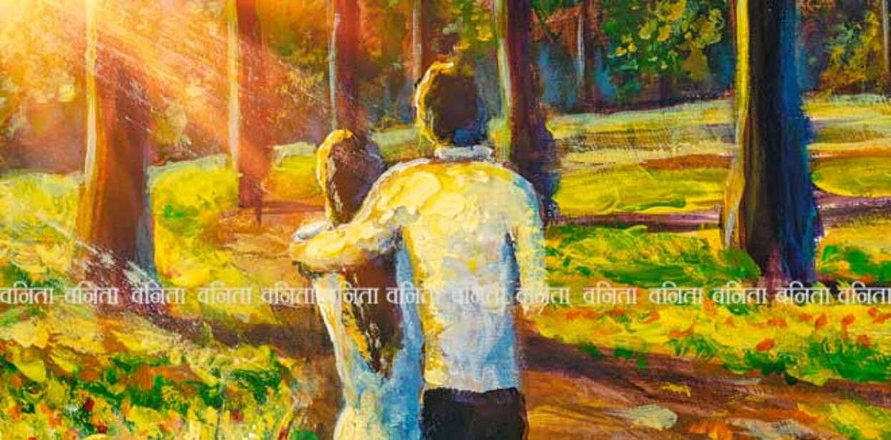 Original hand painted painting couple walking in sunny summer park forest. Road and big trees impressionism artwork