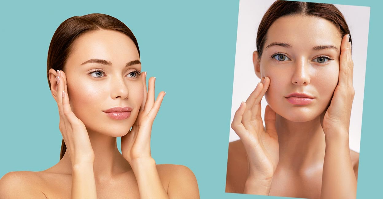 Moisturizing and facial treatment. Beauty portrait of beautiful model with perfect skin touching her face. Web banner with cope space 