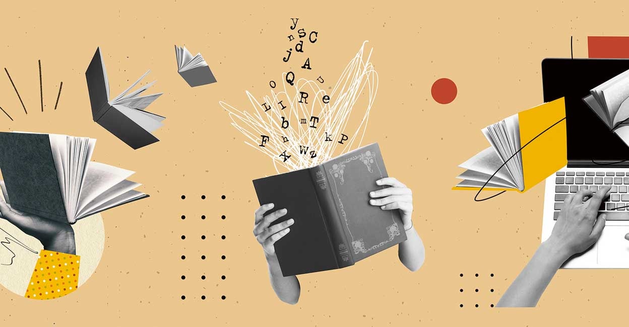 Interactive and engaging learning experiences. Dynamic nature of modern education, hands with books and digital devices. Contemporary art. Concept of education, modern technology, online learning