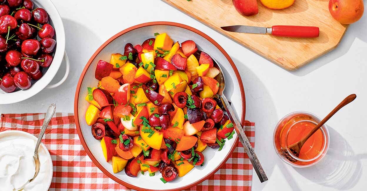 Minty Fruit Salad of Peaches, Cherries, Plums, Nectarines, Apricots and Mangoes