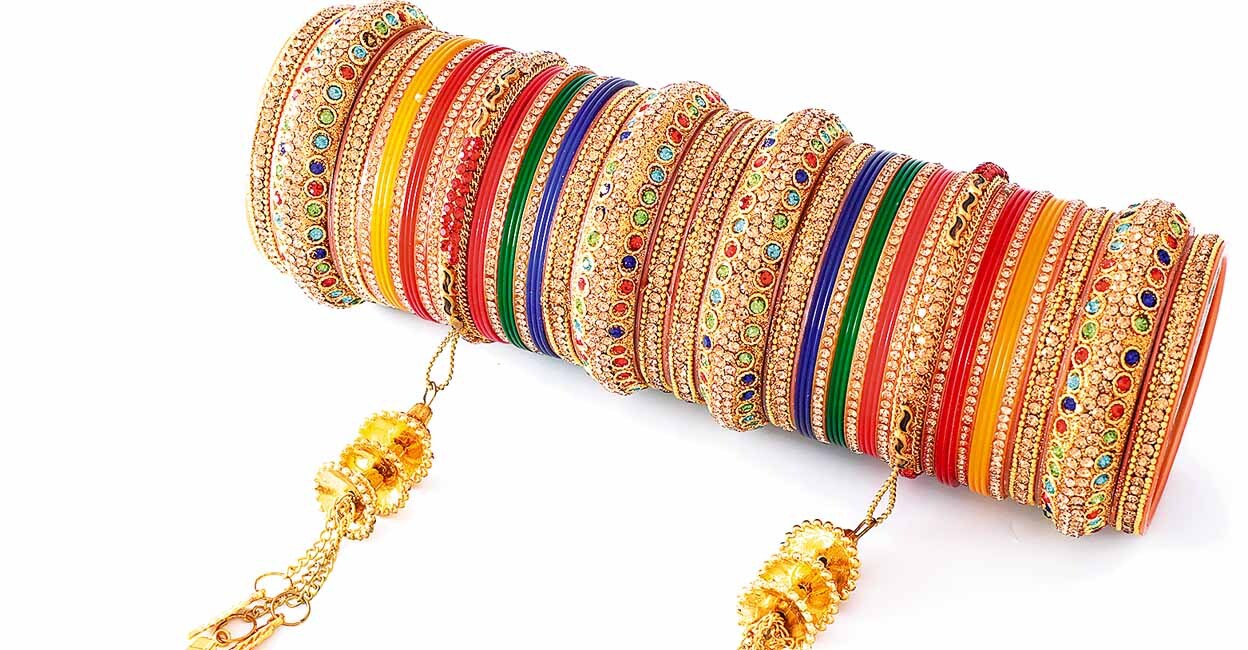 close up of indian bangels on a white background