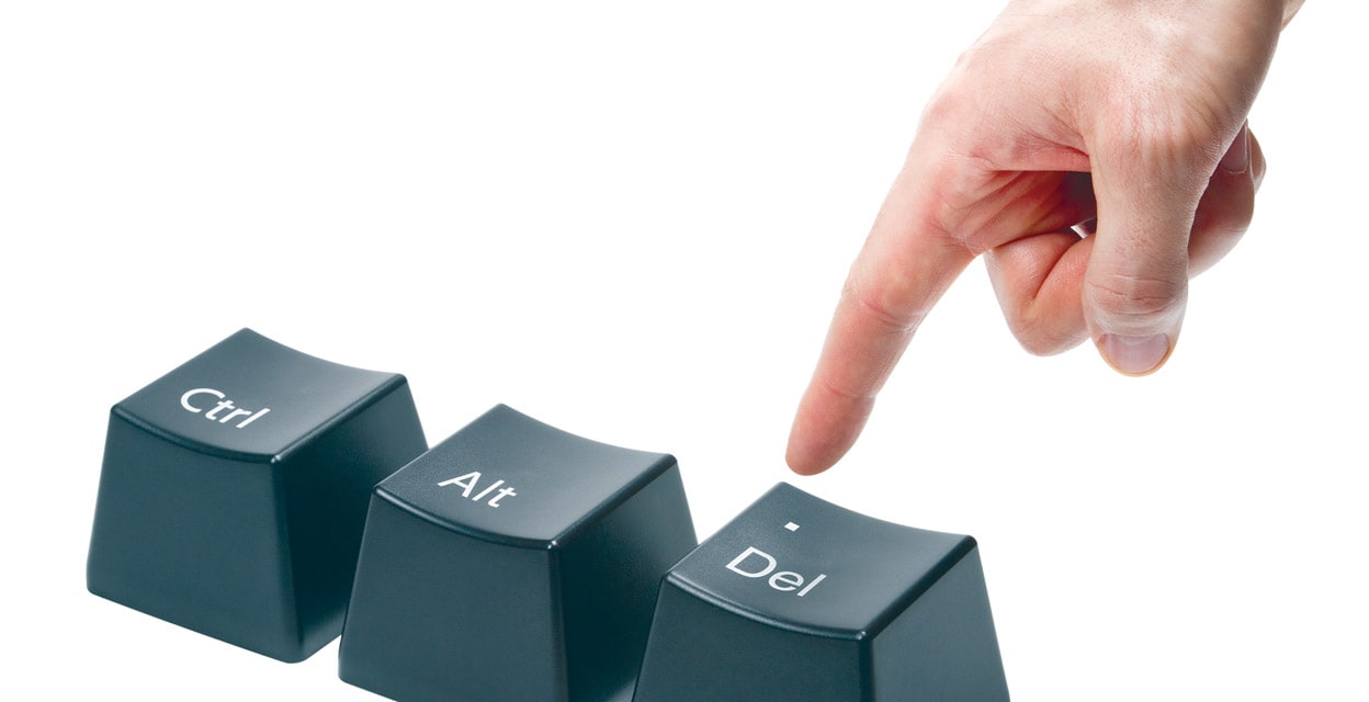 hand with index finger pokes push the delete key, button alt, ctrl