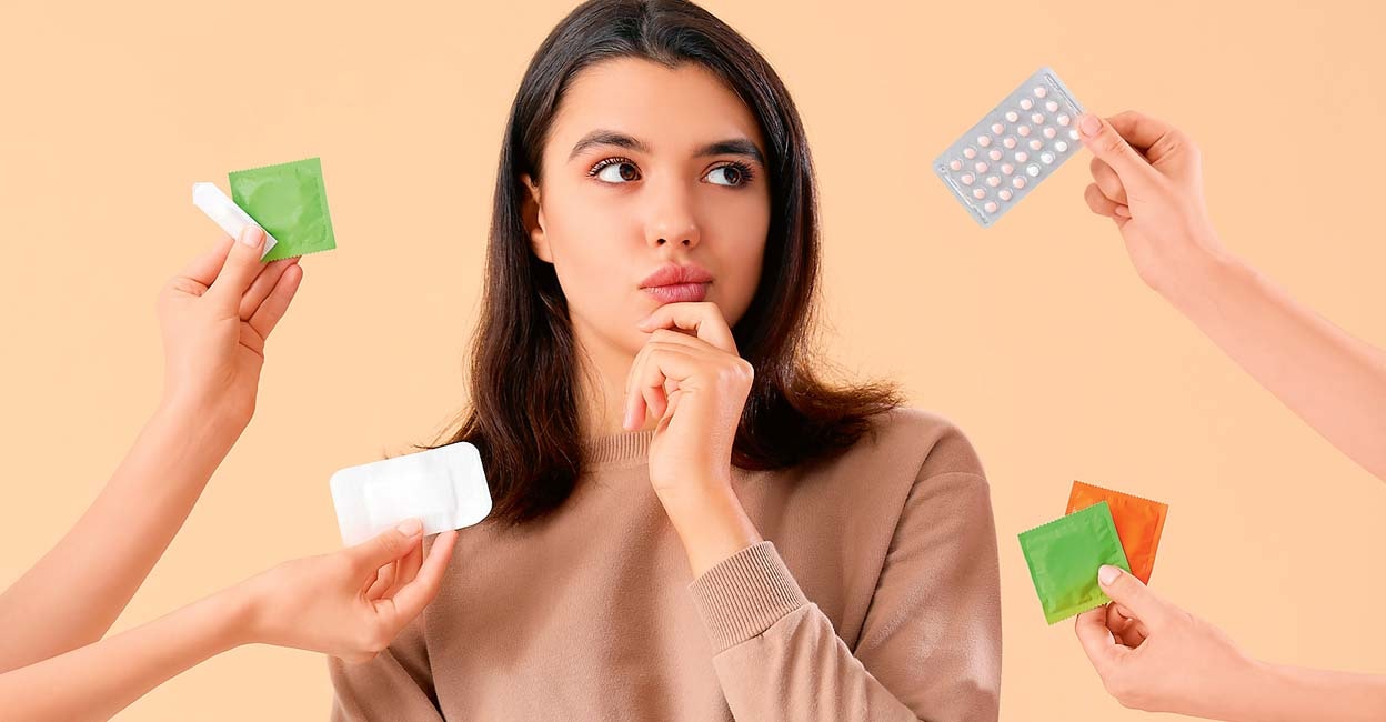 Thoughtful young woman and hands with different means of contraception on beige background