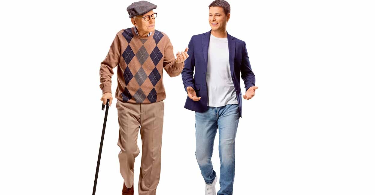 Elderly man with a cane walking and talking to a young man isolated on white background