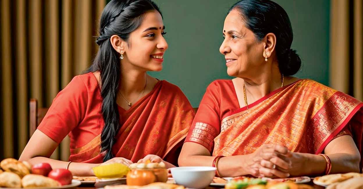 A nice warmth chemistry between Indian maharashtrian grandmother and granddaughter on a dining table