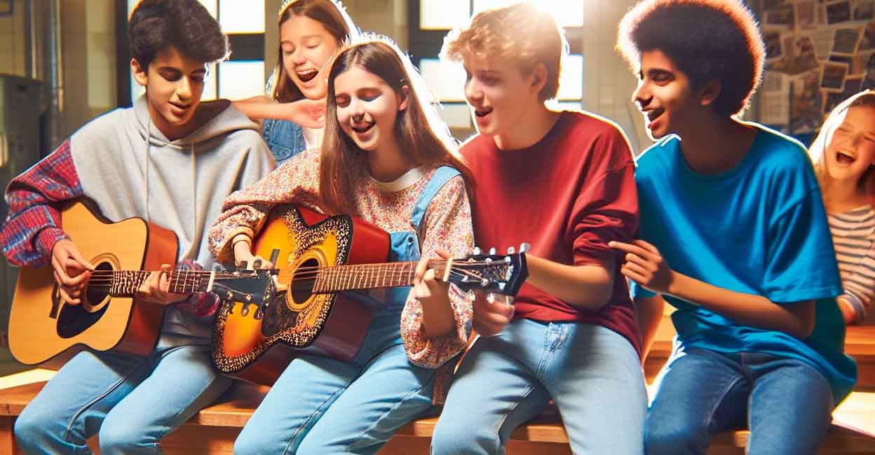 Indoor photo of a group of three to four students around the age of 13 years sitting in the common dorm of a premium looking hostel of a world class school, one of them is playing a guitar while others are joined in to sing along. every kid is having a