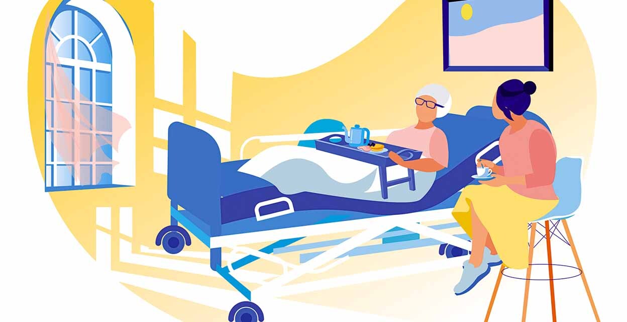 Young Woman Visiting Infirm, Diseased Old Lady, Her Grandmother or Senior Friend, Lying in Hospital Bed. Aged Lady in Light, Spacious, Cozy Private Ward. Big Window. Hospital Breakfast Served on Tray.